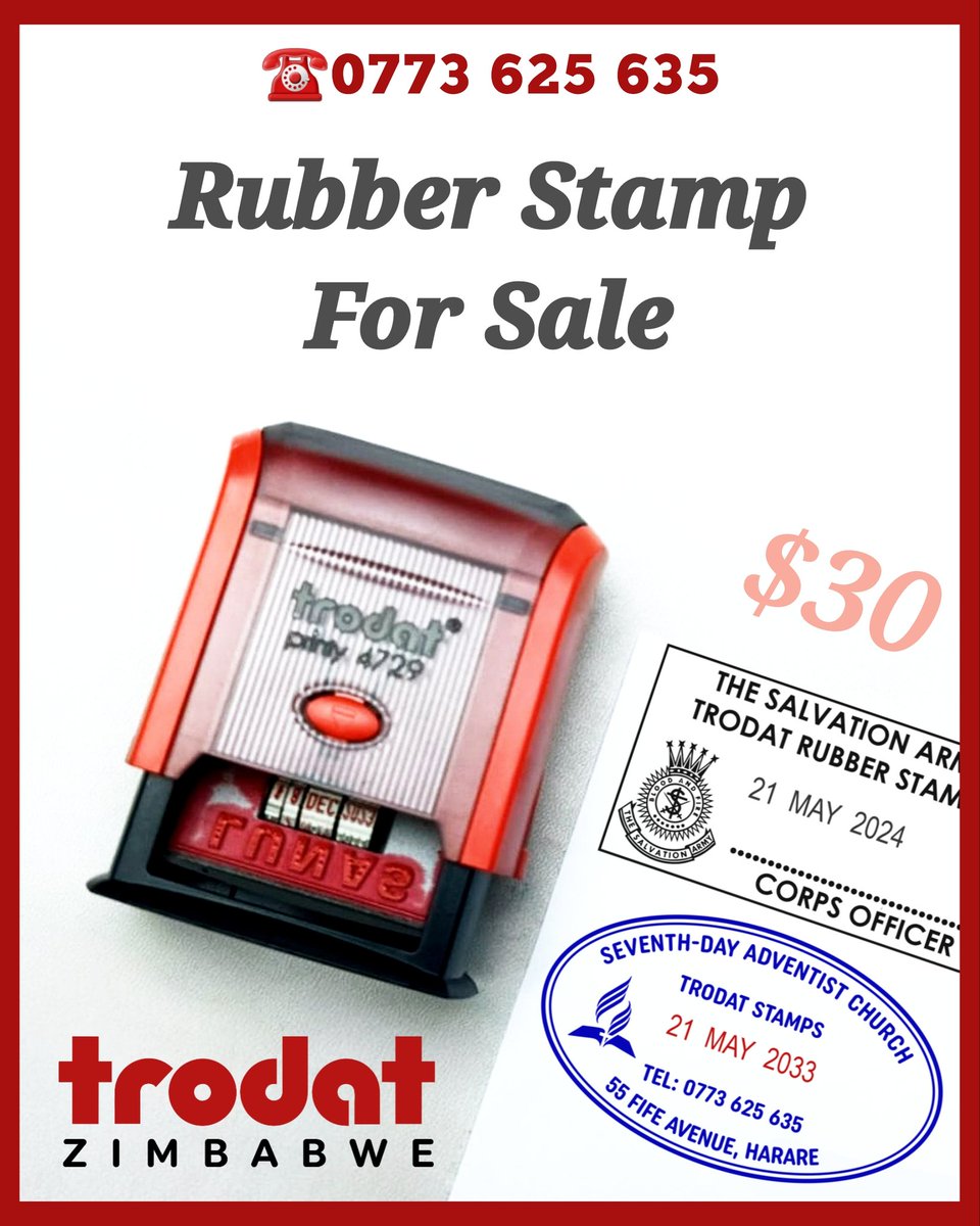 trodatzim's tweet image. Trodat 4729 Date Stamp rubber stamps for company stamps for sale in Zimbabwe Bulawayo Harare for only USD $30 only. The Rubber stamp is  customized with your company logo.

☎️0773-625-635 #stamp #rubberstamp #datestamp #companystamp #officestamp #paidstamp #Zimbabwe #trodat