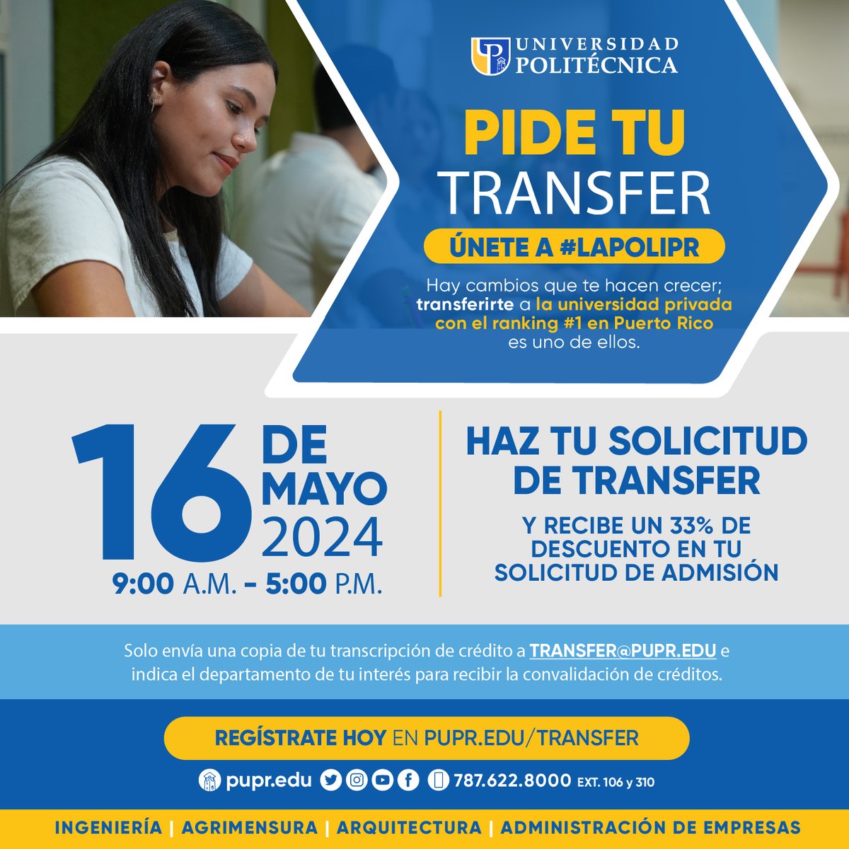 El Transfer Day es una excelente oportunidad para convalidar tus créditos y transferirte a la #LaPoliPR Envía un email a: transfer@pupr.edu, con tu transcripción de créditos, el depto. de interés y teléfono. pupr.edu/transfer 787-622-8000⁣ ⁣