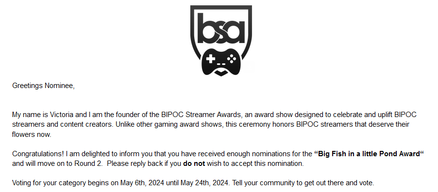 I HAVE BEEN NOMINATED FOR THE @BipocAwards BIG FISH IN A LITTLE POND AWARD!!!! SO VOTE FOR ME BECAUSE I NEVER WIN ANYTHING 😭💖