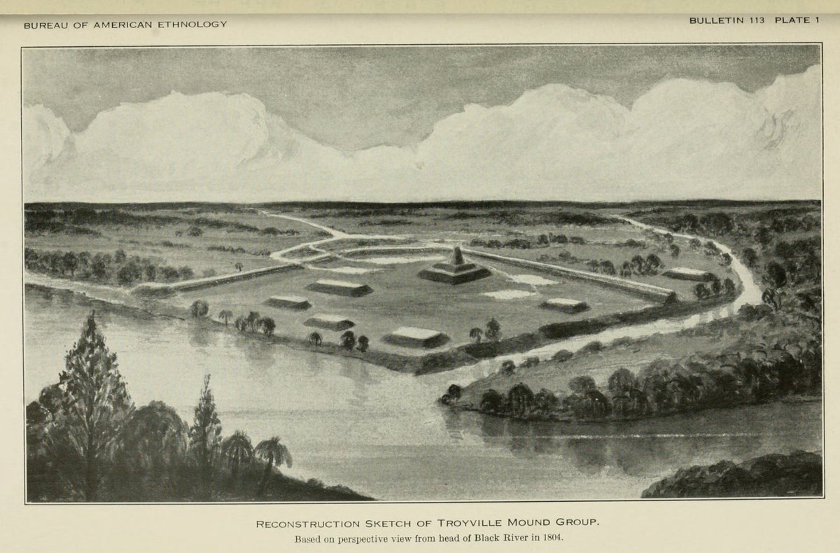 Archaeological reconstruction of the Troyville, Louisiana mounds, earthworks, & village made in 1804. The large and pointed mound in the center was 85 feet tall. The site is 99% gone today after the mounds & earthworks were used for road and bridge fill quite a few years ago.
