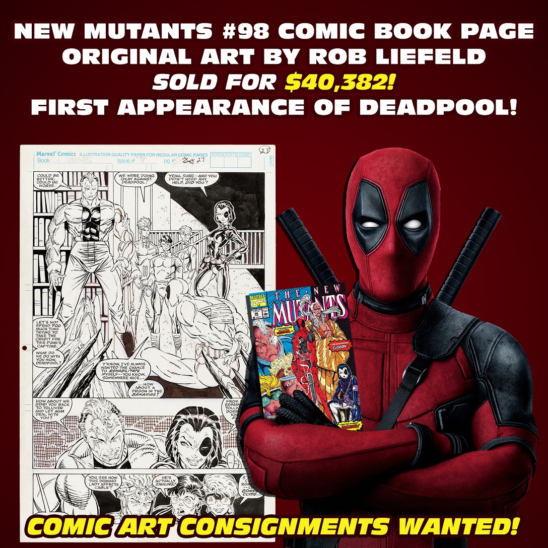 SOLD FOR $40,382! How about that @Deadpool & @itsthewolverine trailer? Wade isn't new to Hake's. ✅ out this historic Rob Liefeld New Mutants #98 art - Deadpool's debut - that we sold! Contact Hake's to sell your comic art! #Deadpool #Wolverine #RobLiefeld #comicart #collector