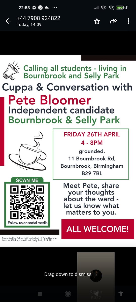 📣 Calling all students living in Bournbrook and Selly Park 

🍵 Join us for a 'Cuppa & Conversation' with Independent Candidate Pete Bloomer. 

FRIDAY 26TH APRIL 
⏰️ 4pm - 8pm
 📍 grounded. 11 Bournbrook Rd, Bournbrook, Birmingham B29 7BL

ALL WELCOME!

#VotePeteBloomer