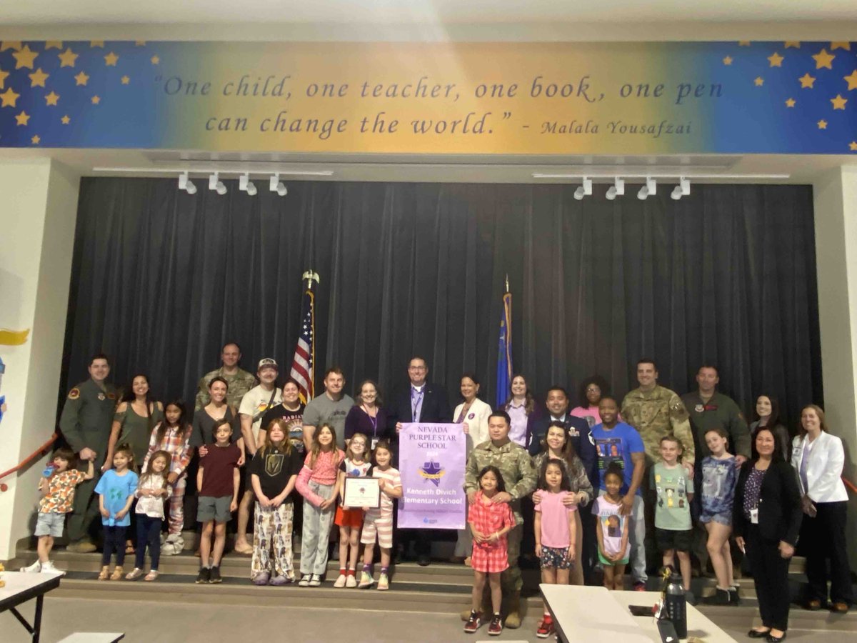 This month, 14 schools are receiving the Nevada Purple Star School Award. The first celebrations were held today. Schools have committed to supporting the needs of military-connected children. @NwctaHawks @ClarkCountySch @LTSDistrict @MVCSSaints #PurpleStarSchool