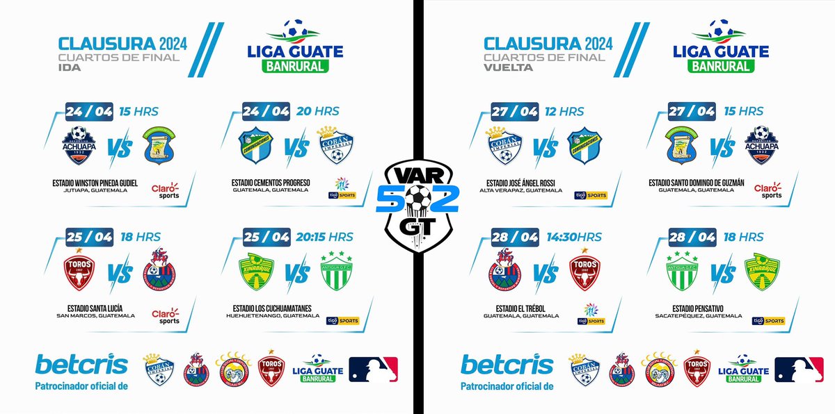 Programación oficial de los juegos de la fase de Cuartos de Final del Torneo Clausura ‘24 de la @LigaGuate