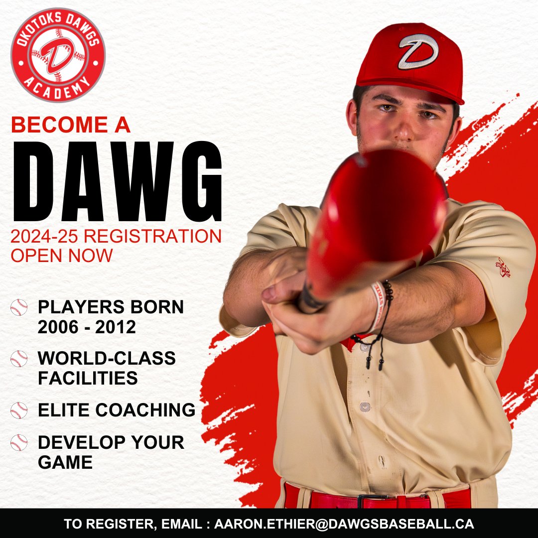 Looking to take your game to the next level? Our registration for the 2024-25 academy season is now open! Register by emailing aaron.ethier@dawgsbaseball.ca and become a Dawg today! #dawgs #baseball #youthbaseball #yycbaseball #playerdevelopment #developyourgame