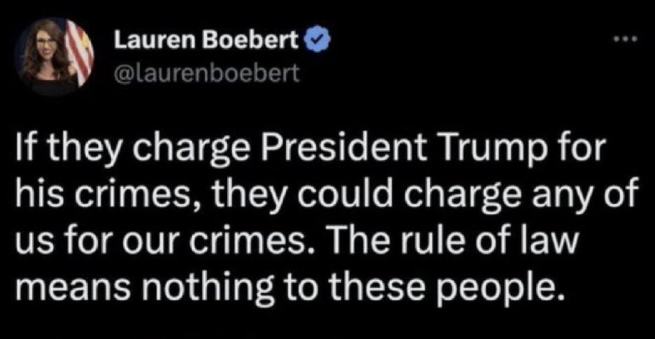 @laurenboebert that is how the justice system is supposed to work. 

Yes, even #Trump and the #BoebertCrimeFamily has to be held accountable for their actions.