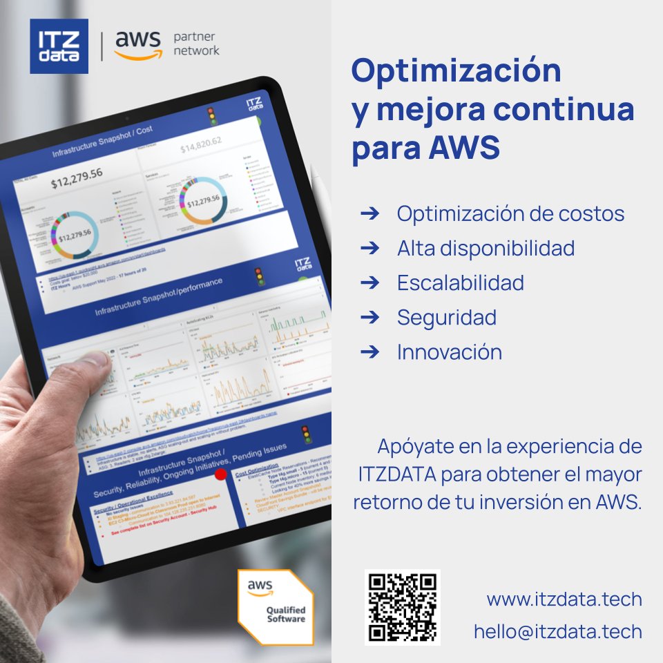 ITZDATA_tech's tweet photo. Apóyate en la experiencia de ITZDATA para obtener el mayor retorno de tu inversión en AWS. https://t.co/Pq7Ur2mZC8