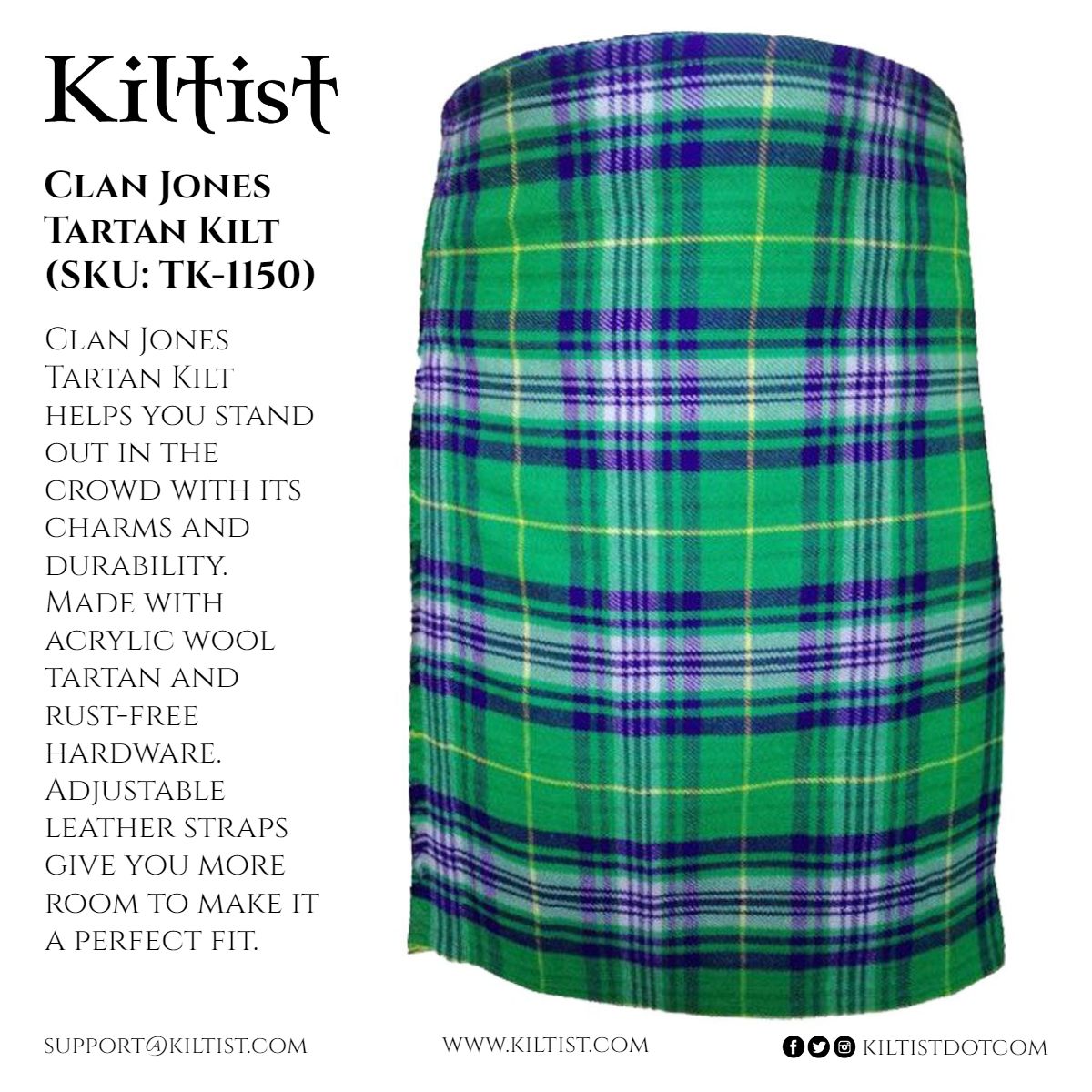 KiltistDotCom's tweet photo. Clan Jones Tartan Kilt helps you stand out in the crowd with its charms and durability. Made with acrylic wool tartan and rust-free hardware. Adjustable leather straps give you more room to make it a perfect fit.

Buy now at the Kiltist site: 
https://t.co/giVchWzKxr https://t.co/FAMjritknH