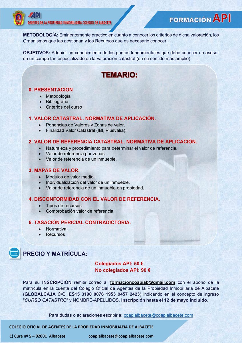 CURSO sobre "COMO RECURRIR EL VALOR CATASTRAL Y VALOR DE REFERENCIA" , 14 y 15 de Mayo de 2024 de 16.30 a 19.30 horas. Impartido por <a href="/pedrocantosalto/">Pedro Cantó Saltó | REV</a>
Coste: 
Colegiado API: 50€
No API: 90€
Más información en: formacioncoapiab@gmail.com