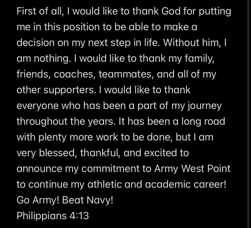 Excited for the next chapter in my life!! Committed to the brotherhood!! 🖤💛 #GoArmy #BEATnavy @CoachJeffMonken @DrinkallCoach @CoachJuice17 @CoachNateWoody @CoachJohnLoose @CoachSaturnio @jaymarzy @Coach_Leake @ArmyWP_Football @goblackknights