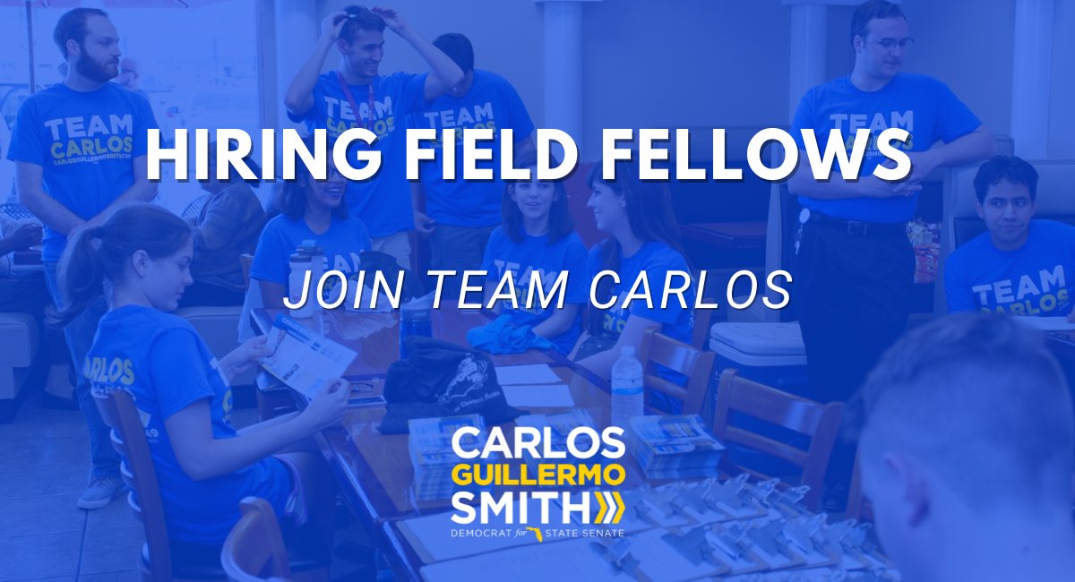 Wanna organize your community + learn valuable grassroots campaign skills? Apply for our #TeamCarlos summer field fellowship before May 6th, and help elect a champion to the Florida Senate to fight for people (not corporations). When we organize, we WIN! bit.ly/teamcarlosfell…