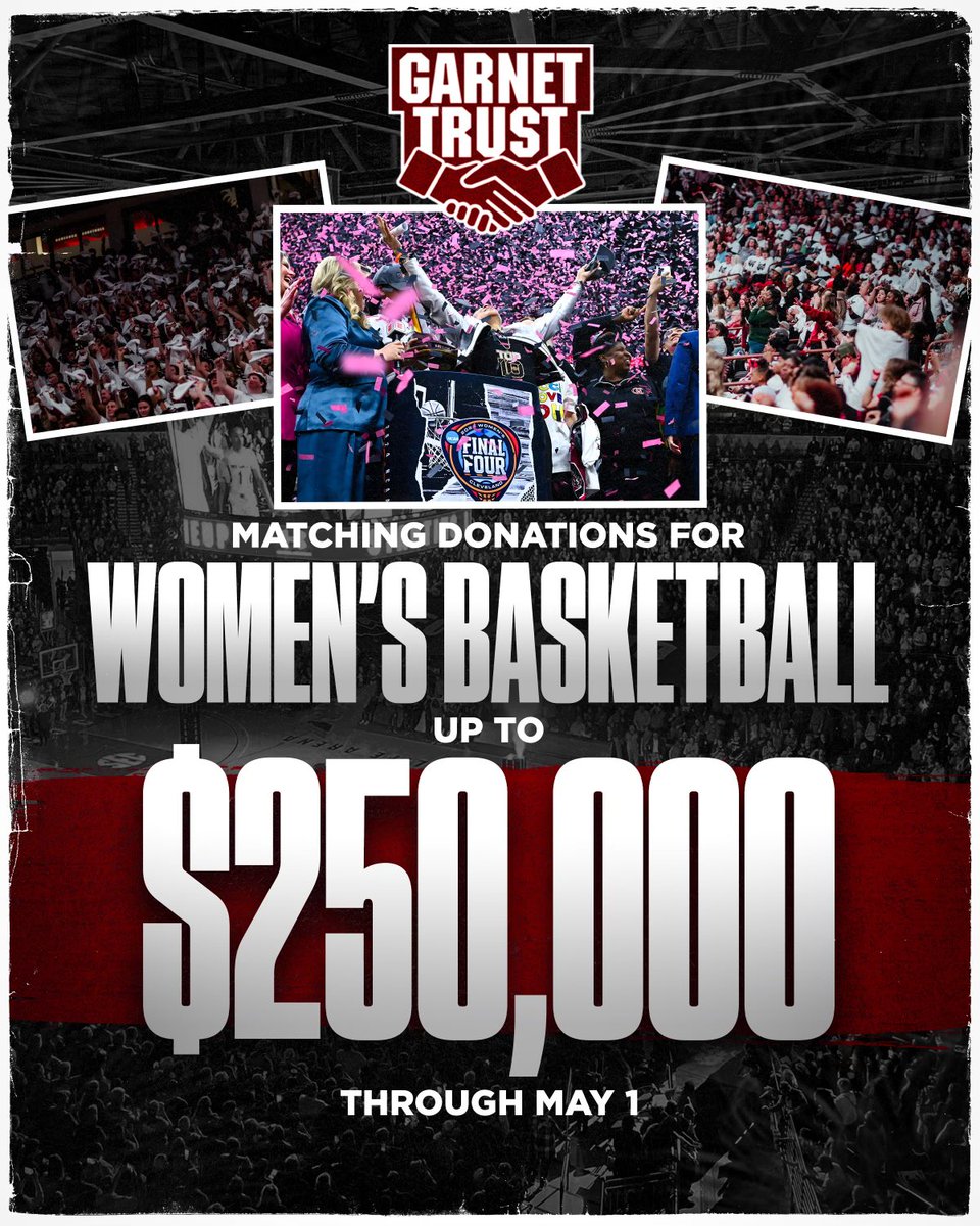 🏀HUGE NEWS: Due to the generous contributions from friends of the South Carolina Women’s and Men’s Basketball programs, we are thrilled to announce another MATCH campaign! 

These supporters have pledged to match up to $250,000 to each program between now and May 1 to capitalize