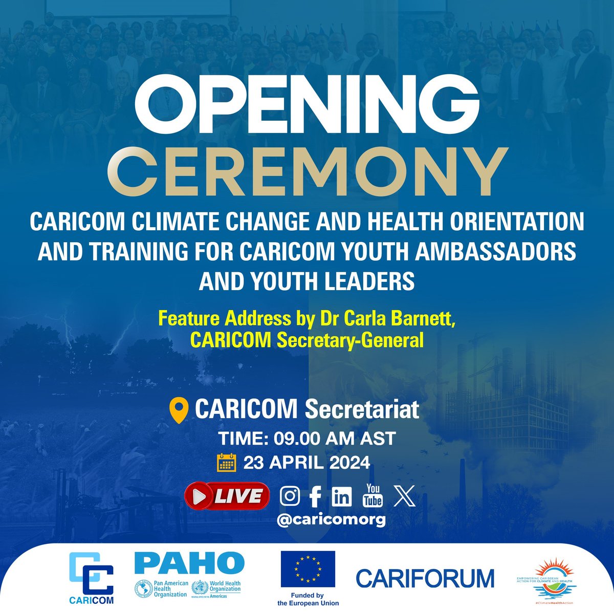 #CARICOM is equipping our young people to respond to climate change and related health concerns. Join us virtually on Tuesday 23 April for the opening ceremony to this week's workshop at the Secretariat🇬🇾