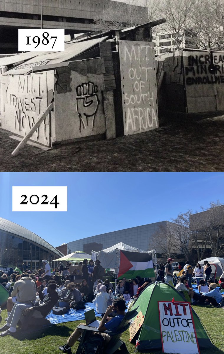 In 1987, the MIT Coalition Against Apartheid protested against MIT's ties to apartheid South Africa by erecting a shantytown. 

Today, in the same location, students are protesting MIT's ties to genocide & apartheid in Palestine via the Scientists Against Genocide encampment. 🇵🇸