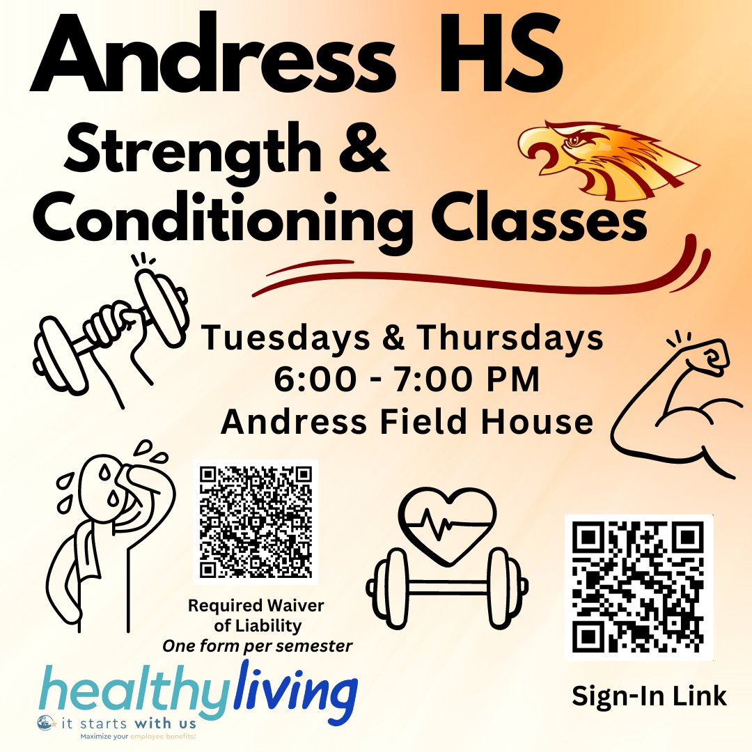 Summer Workouts in the Spring!!! 🌺 Andress HS has Strength & Conditioning Classes on Tuesdays and Thursdays from 6 -7 pm in the Field House. 💪🏋️ @AndressBB_WAB @AHSGoldenEagles @ODPHIRuben @Emramos312 @ElenaMo2016 @VelmaSasser3