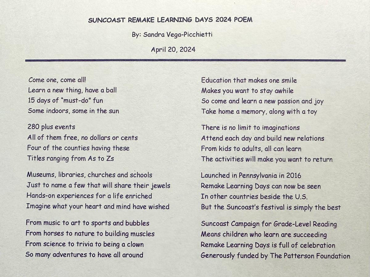 A poem for Suncoast Remake Learning Days! Don’t forget to download the SRLD2024 app for a list of all of the FREE events from 4/20-5/4 in Sarasota, Manatee, Charlotte, & DeSoto Counties!
#RemakeDays #SuncoastRemakeDays @ThePattersonFdn @RemakeDays @SuncoastCGLR @remakelearning
