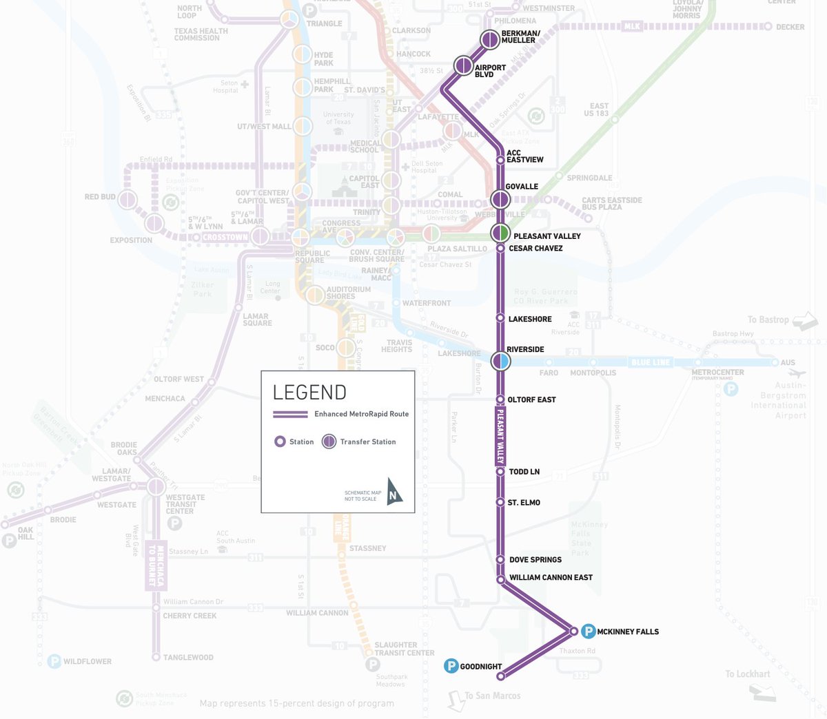 The Pleasant Valley MetroRapid Line, set to launch in 2025, will run from Goodnight Ranch to Berkman/Mueller. This is part of Project Connect. The bus line is supposed to run with battery-powered buses, so chargers will be installed at the Goodnight Ranch Park and Ride.
