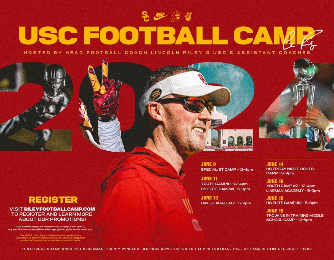 Coach_Entz's tweet photo. Start making your summer plans to visit @uscfb. Full month of camps available for all ages.
#RecruitRetainDevelop #B1G #thepLAce2be #TrojanMade https://t.co/RyCDZgHVP7