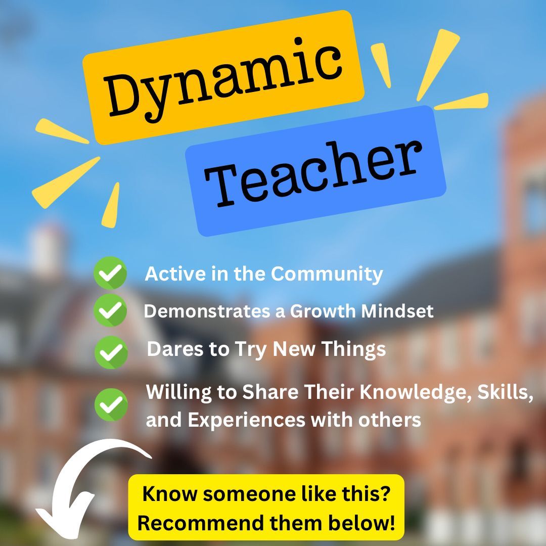 Who is going to be this week’s #DyanmicTeacher ? Nominate & tag a teacher or administrator who you think should be selected! 🎉 They win their choice of Dynamic Tumbler or Shirt + are featured on our newsletter! 👀

#TeachersSupportingTeachers #TeacherTwitter #SharingIsCaring