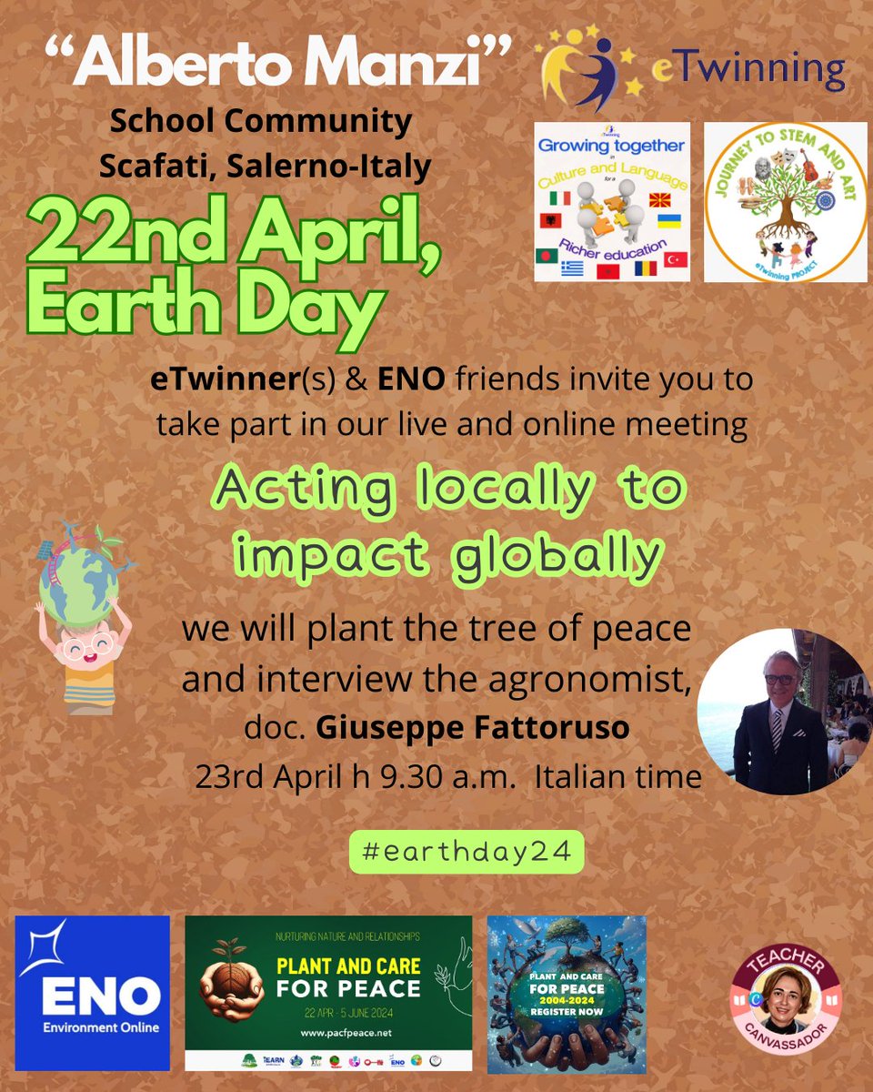 olgamosca1's tweet photo. #EarthDay2024  Tomorrow, April 23rd at 9.30 a.m. (Italian time) there will be a meeting between partner(s), if you want join in it we will be very happy. What will we do? We will plant a tree of peace and then we will interview the agronomist, doc. Giuseppe Fattoruso. https://t.co/9DJlj5uYJq
