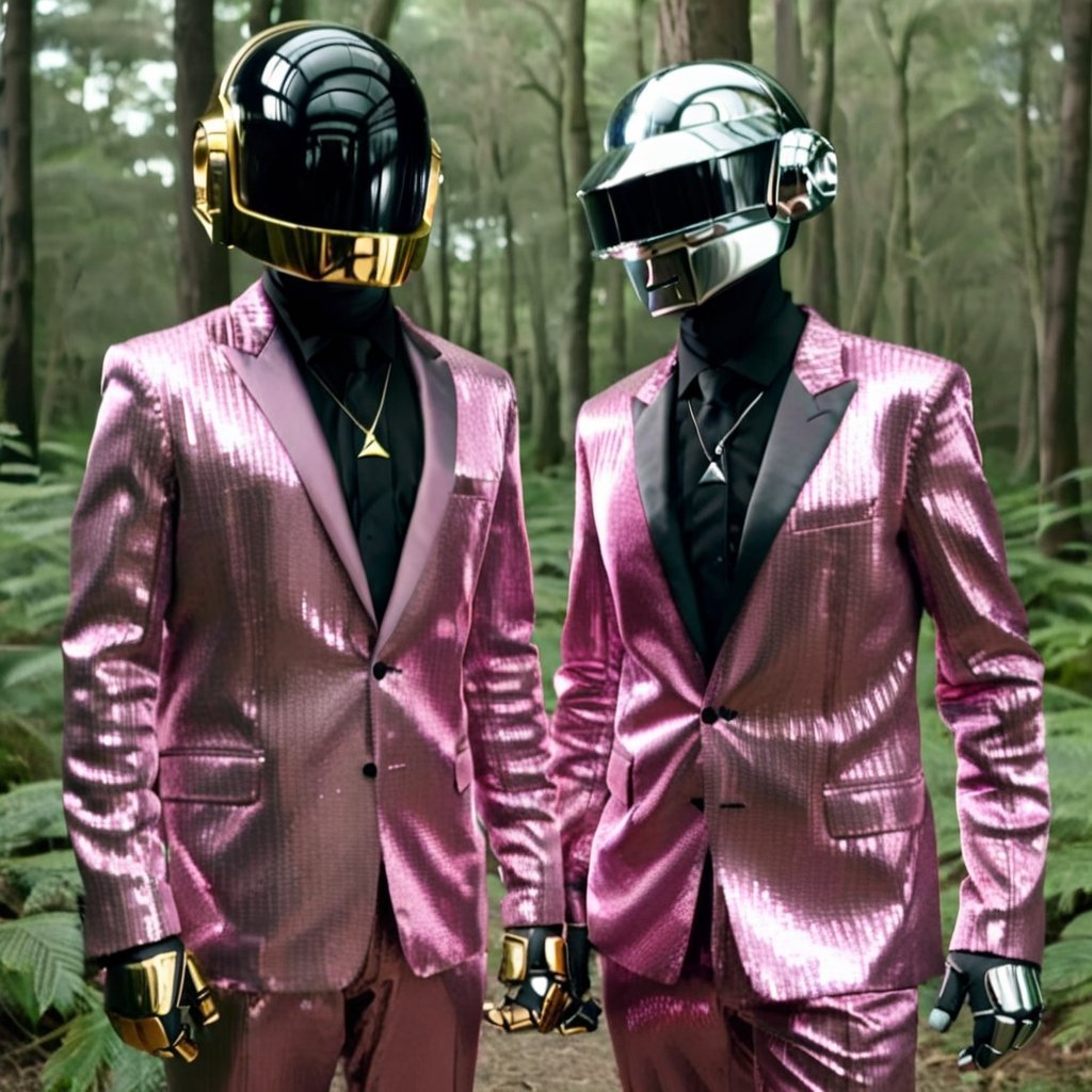 HOLY SMOKE. This LoRA is gonna be fire!! 🔥❤️‍🔥 Fresh out of the oven, my first image - 'Two men wearing black and gold helmets are wearing pink pyjamas and walking in the forest' #InstantCrush 🫠 Stay tuned for the full AI clip soon. #DaftPunk #MadeWithScenario