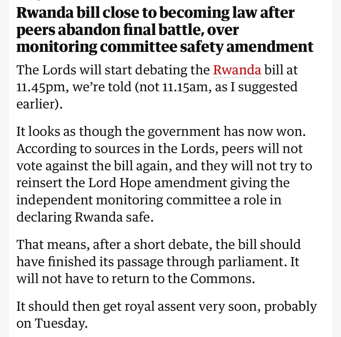 If the report in the Guardian live blog is accurate, the HoL has given up the fight on Rwanda and resumed chocolate teapot mode. If you're ALWAYS going to back down in even the exceptionally important situations, then what's the point? theguardian.com/politics/live/…