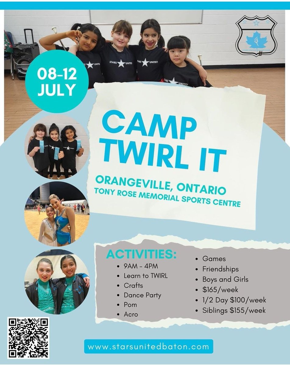 We've got a fun week planned, #Orangeville! Join us for a summer camp from July 8-12. Open to kids who want to learn to twirl, dance, do acro, improve coordination, play games, do crafts, & build self-esteem.
Early bird discount before May 1st!

#peelregion #dufferincounty