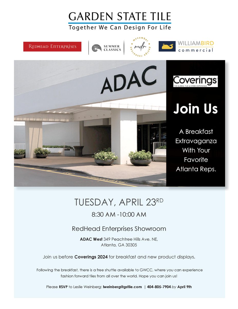 ATLANTA: We are hosting a breakfast pre-event before @Coverings 2024 at our showroom at @adacatlanta  West on TUES. - 4/23 from 8:30-10:00 am EST with our friends from @GardenStateTile & @WMBird1865. RSVP now! #Coverings2024 #ADAC