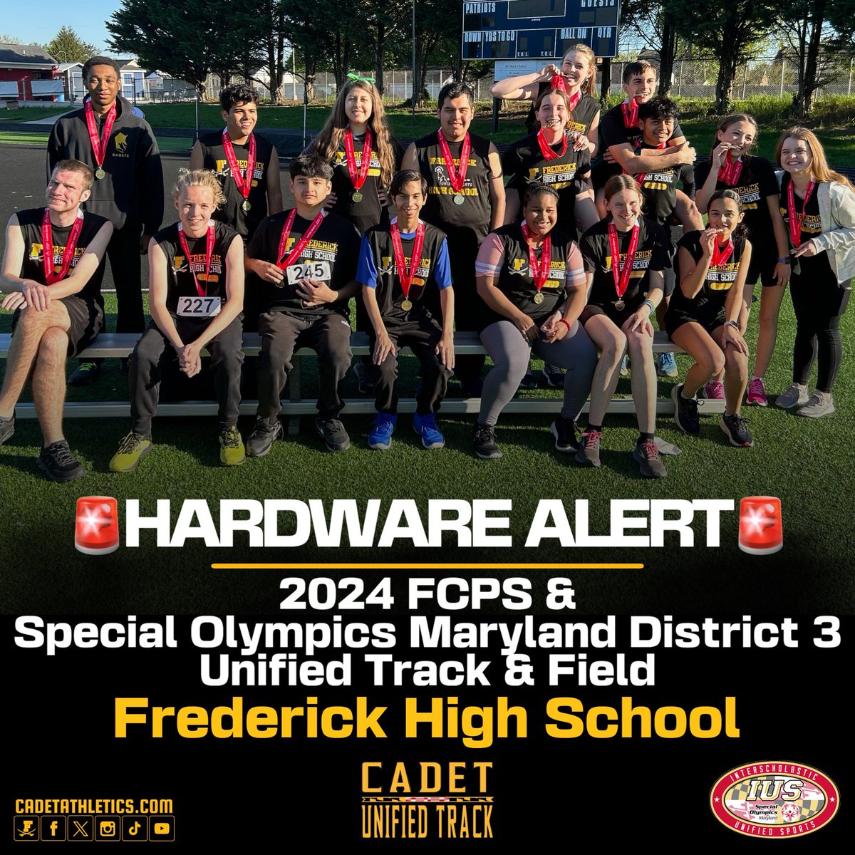 ⚡️Cadetathletics.com Breaking News 
🥇🚨HARDWARE ALERT🚨🥇

Frederick High Schools Unified Track Team wins gold at today’s 2024 @FCPSMaryland & @SpOlympicsMD District 3 Unified Track & Field Championships!

⚔️ | #BigFred | ⬛️🟨 | #ProtectTheParkway