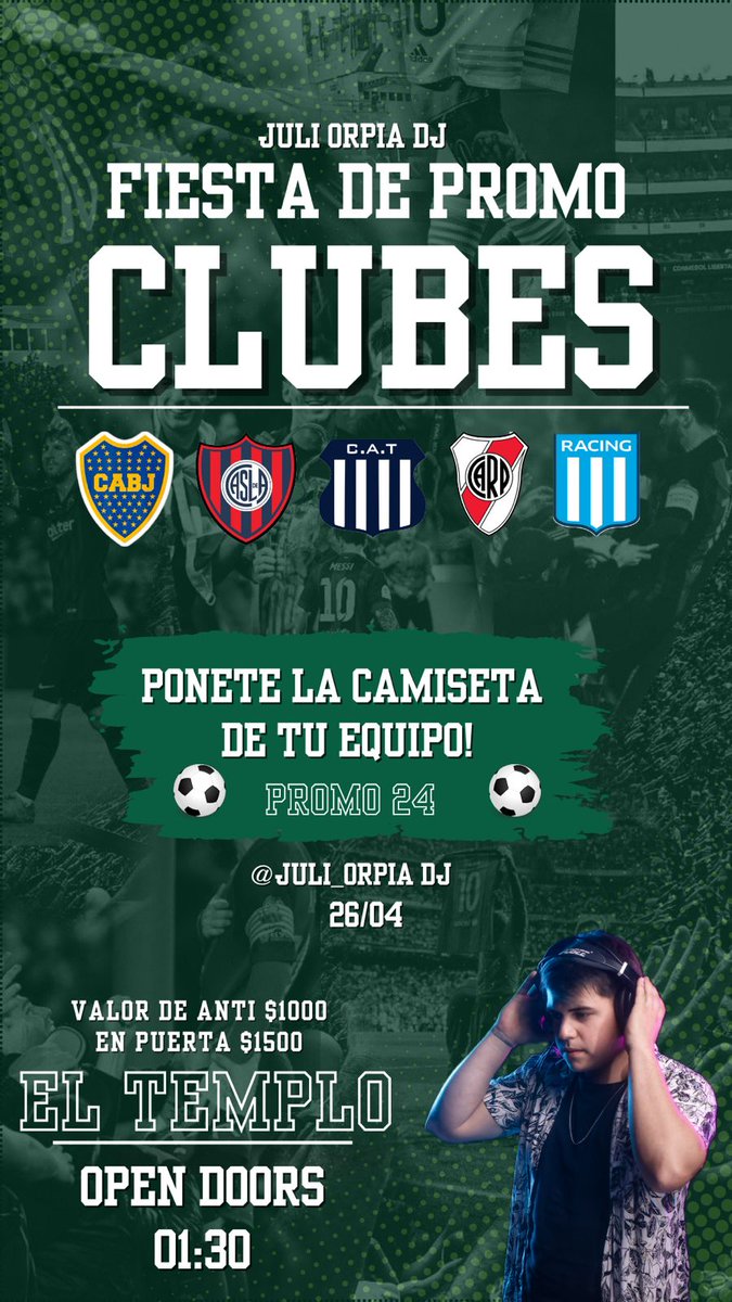 Este viernes fiesta de promo de CLUBESSS 🫡⚽️🏆

Ponete la casaca de tu equipo favorito y vení a disfrutar ALTA NOCHE 💣🎉🍻

Pedile tu anti a cualquier integrante de la promooo 💙🤍🧡