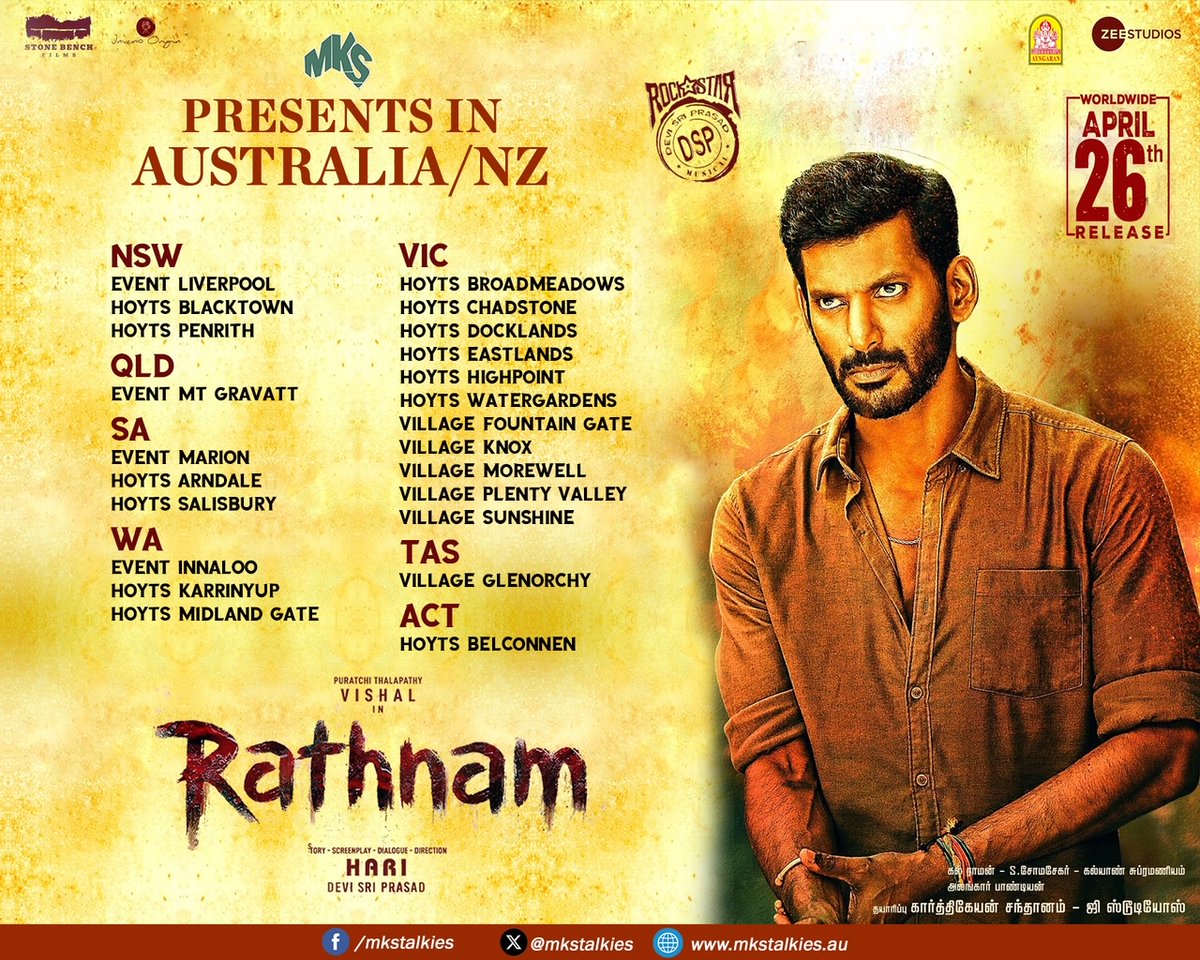 #Rathnam Get set for a speedy action entertainer in cinemas from April 26th @sydtamilmovies @forumfilms @PerthTamilMovie @Ayngaran_offl @mksspices @MksFood @VishalKOfficial