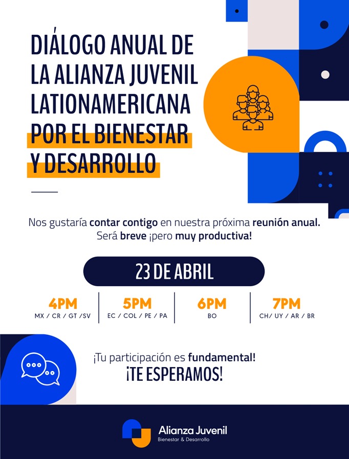 ¡No te pierdas esta reunión anual de la <a href="/_AlianzaJuvenil/">Alianza Juvenil por el Bienestar y Desarrollo</a>!
📅martes 23 de abril
🕓4 pm MX/CE/GT/SV
🕔5 pmEC/COL/PE/PA 
🕕6 pm BO
🕖7 pm CH, UY,AR,BR
Registro aquí: us06web.zoom.us/meeting/regist…