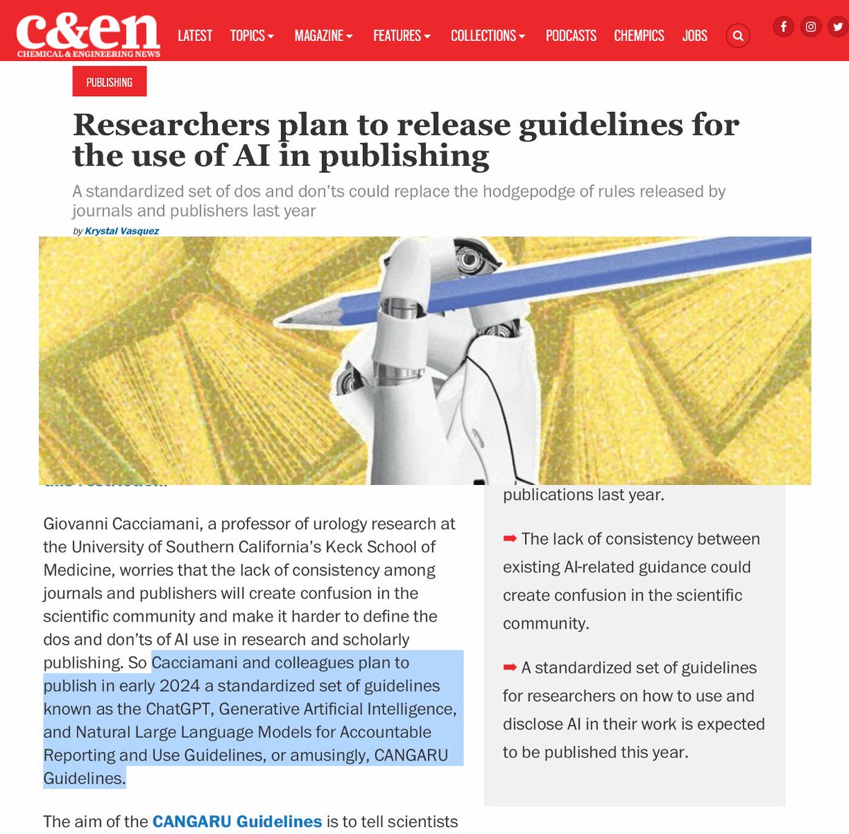 Thanks to Chemical & Engineer News for featuring and highlighting the #CANGARU initiative. 9,000 academics and researchers have already signed up to be part of this consensus! 'Researchers plan to release guidelines for the use of AI in publishing.' cen.acs.org/policy/publish…
