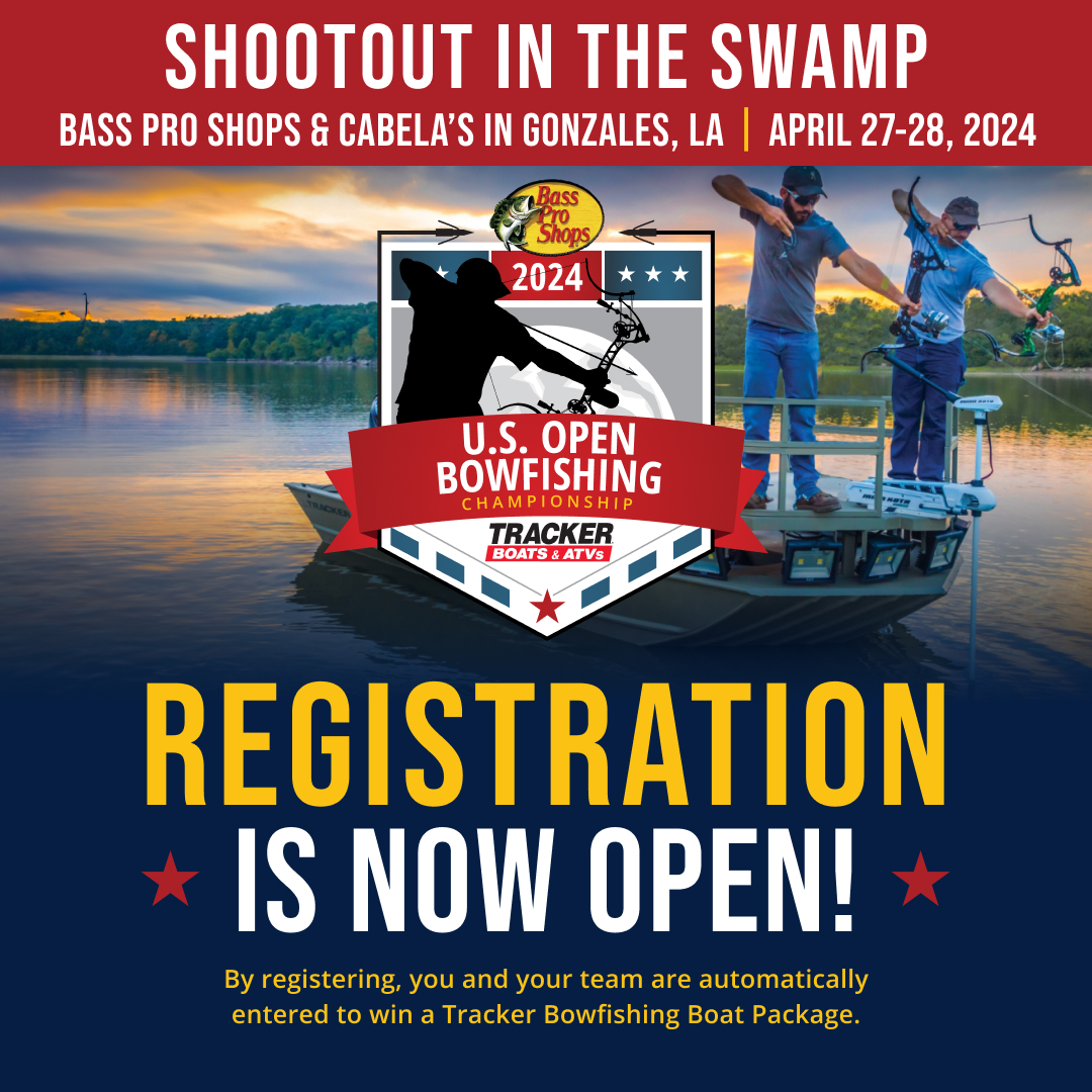 Final days to register for the 2024 U.S. Open Bowfishing Championship! Join us on April 27-28th in Gonzales, LA for great prizes, vendors, seminars, live music and MORE! Plus, register for a chance to win a Tracker 2072 Bowfishing Boat! basspro.com/shop/en/usopen…