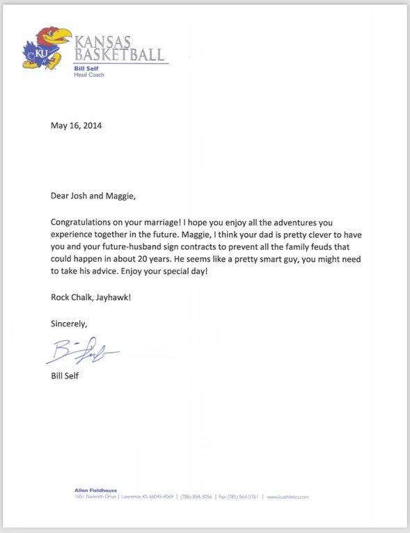 A reader on @redditCBB shared a story about their late father, a Kansas fan whose daughter married a man from North Carolina. As part of the wedding, they signed a contract agreeing that any kids would be pre-committed to KU. Bill Self sent a letter back. redd.it/1cafjwh