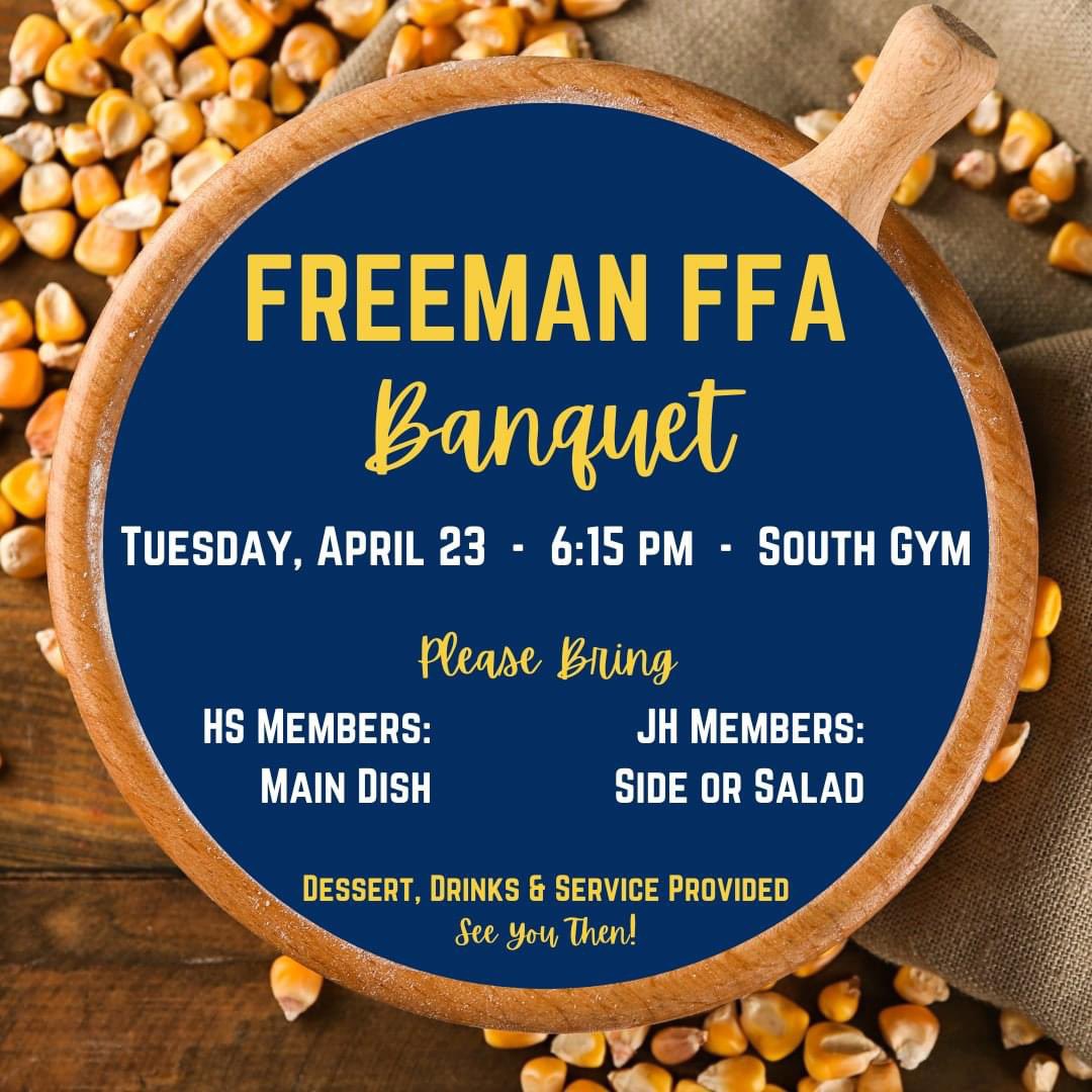 freemanffa's tweet image. Tuesday night is our FFA banquet at 6:15! Everyone is invited! Members, remember official dress for high school and church type clothes for junior high!  🎉 #freemanfalcons #freemanffa