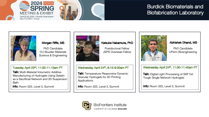 Burdick lab is at #S24MRS! 

Check out our talks tomorrow (4/23) and Wednesday (4/24) with details below. 

We are excited to be in Seattle, and would love to connect with anyone interested in 3D printing, granular materials, tough gels, etc.