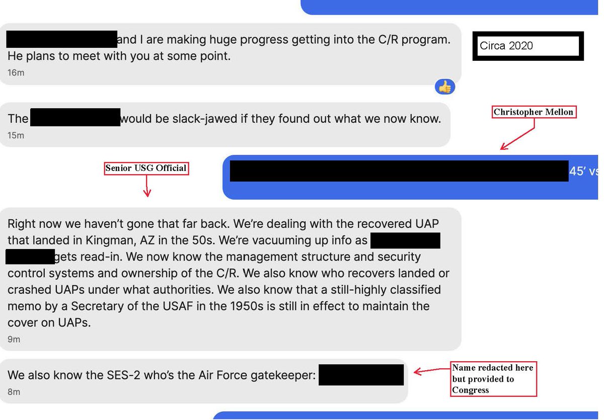 Breaking: @ChrisKMellon just leaked private messages from a Senior USG Official discussing a Crash Retrieval (C/R) program going back to the 1950s. The US Air Force appears to be the gatekeepers.

Tell us the truth about the technology you are hiding.
