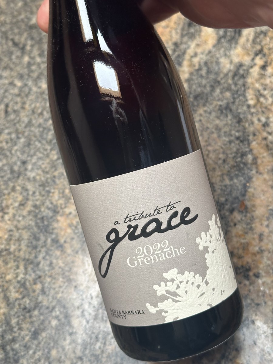 hey all / this is a puzzle: 14% ABV / but doesn't taste alcoholic / light scarlet color / savory / pretty Grenache perfume / the winemaker teases out the finesse bigtime / v. 2020 A Tribute To Grace / Santa Barbara Grenache / Cheers!