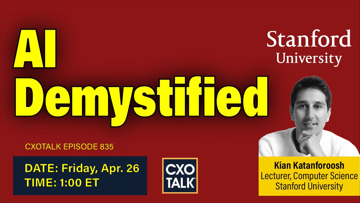 This Fri. 26 April 2024, LIVE, 1 pm ET/10 am PT AI Workforce Transformation Join #CXOTalk guest @KianKatan, lecturer @Stanford, and CEO & Co-Fndr @Workera cxotalk.com/episode/demyst… What do workers need to understand about #AI? #COO #CHRO #SkillsDevelopment #WorkforceDevelopment