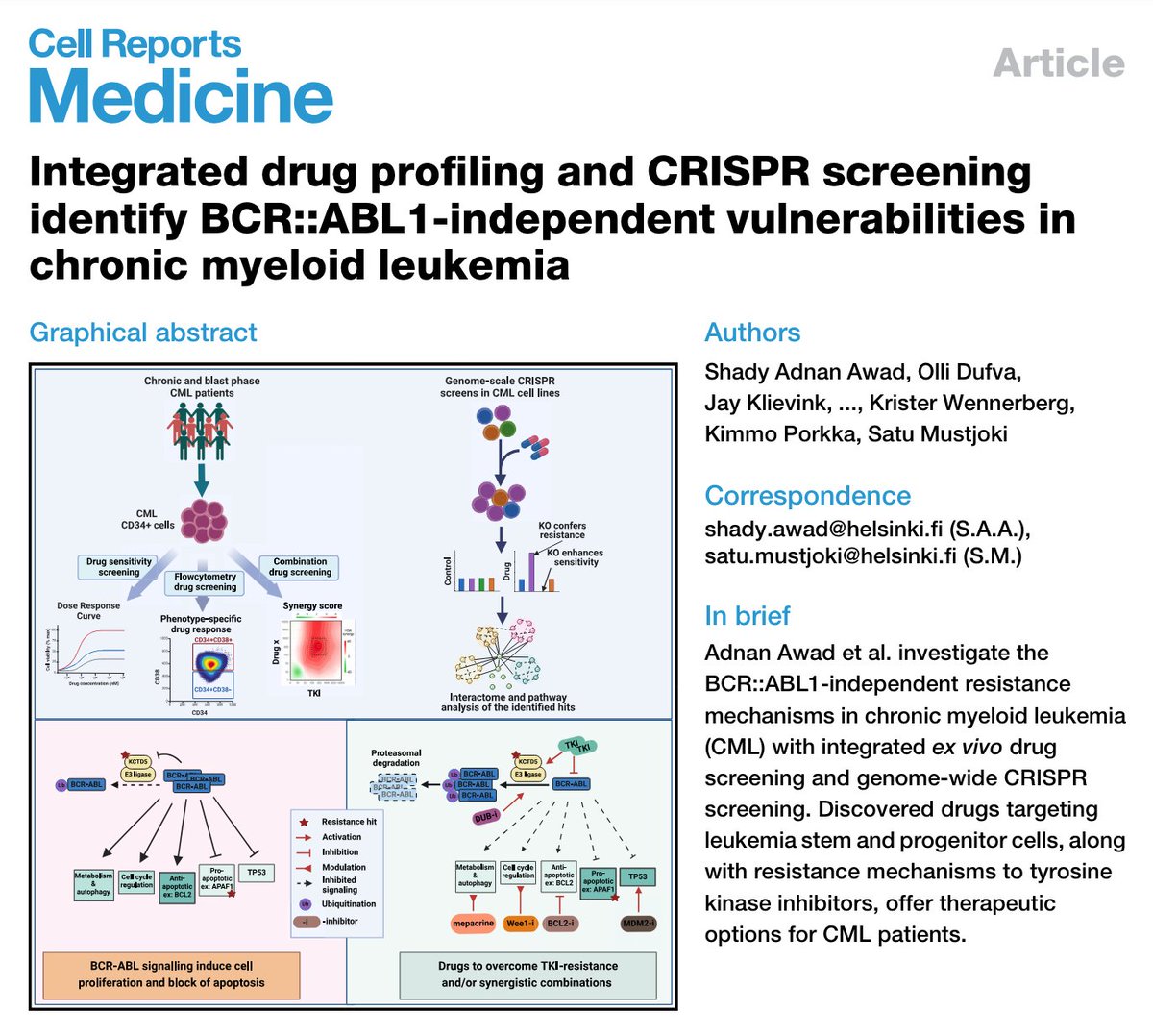 Happy to share that our work on identifying efficient strategies to target the BCR::ABL1 independent pathways in chronic myeloid leukemia is now out in @CellRepMed Aricle: cell.com/cell-reports-m… 1/