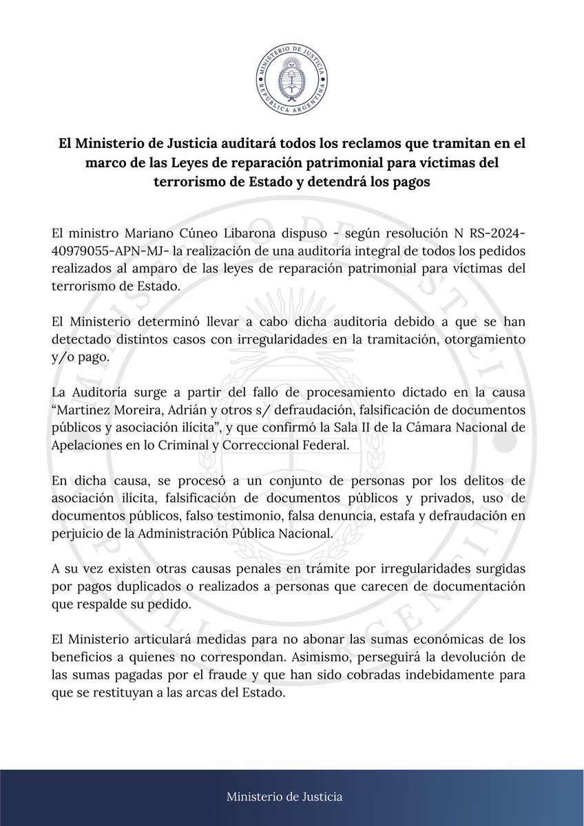 Desde @jusgobar dispusimos la realización de una auditoría integral de todos los pedidos realizados en el marco de las Leyes de reparación patrimonial para víctimas del terrorismo de Estado.