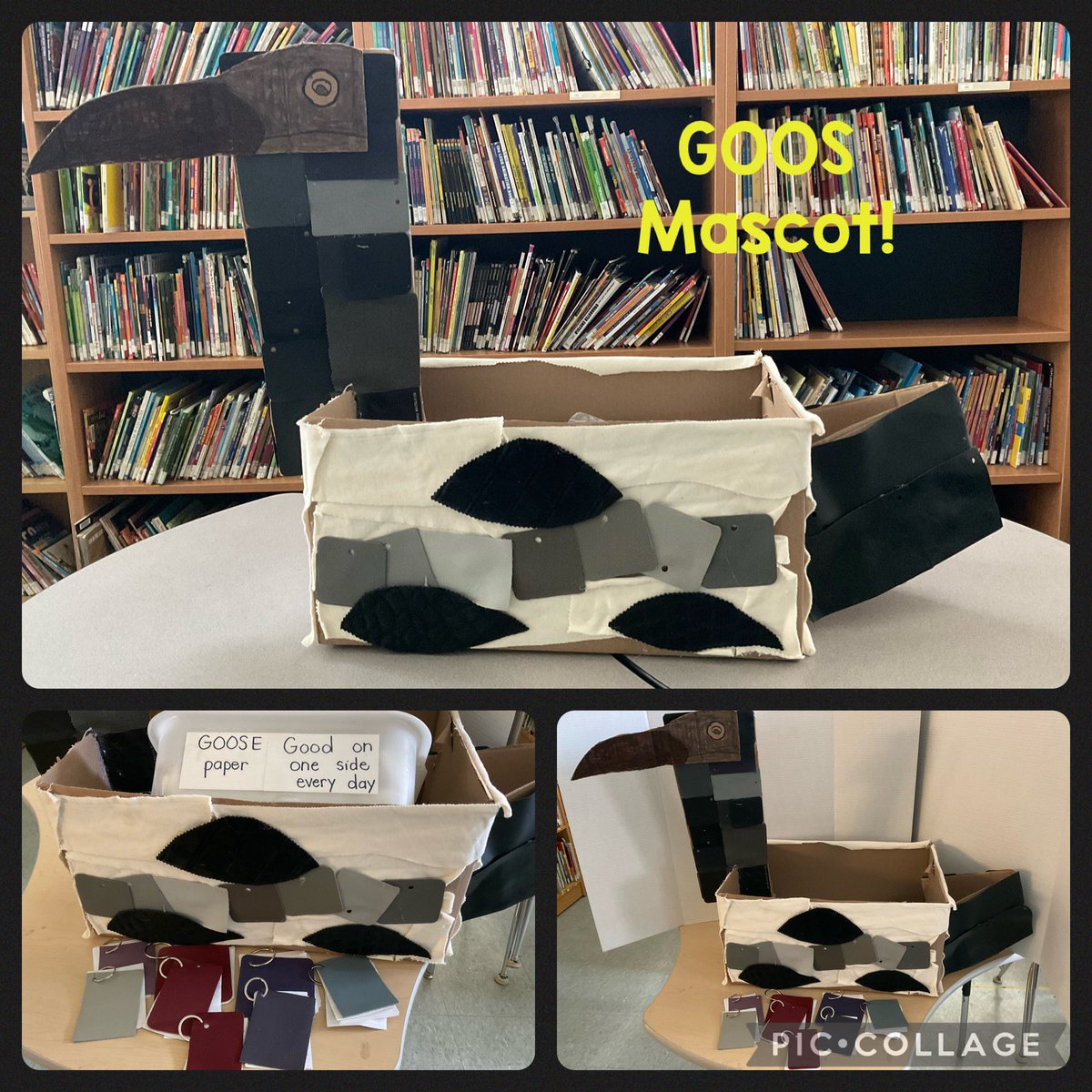 Ready in time to showcase at our Earth Day Play Day! Our GOOS Mascot #GOOSPaperDay @WoburnEco @WoburnJunior Made with recycled fabric, leather scraps and cardboard. We even made GOOS paper booklets for teachers! Save paper, feed the GOOS! #EarthDay