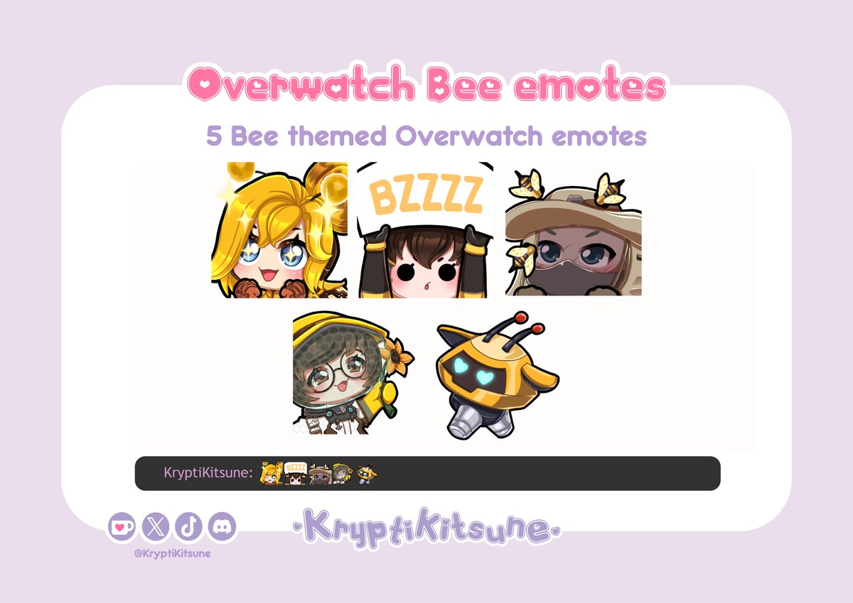 🐝Overwatch 2 Bee themed skins! Includes Mercy, Dva, Sigma, Mei and a Free snowball emote for twitch 🐝

Follow this link to purchase these or any other emotes I have available! ko-fi.com/kryptikitsune 

Subscribers can choose any of these emotes for free. See memberships