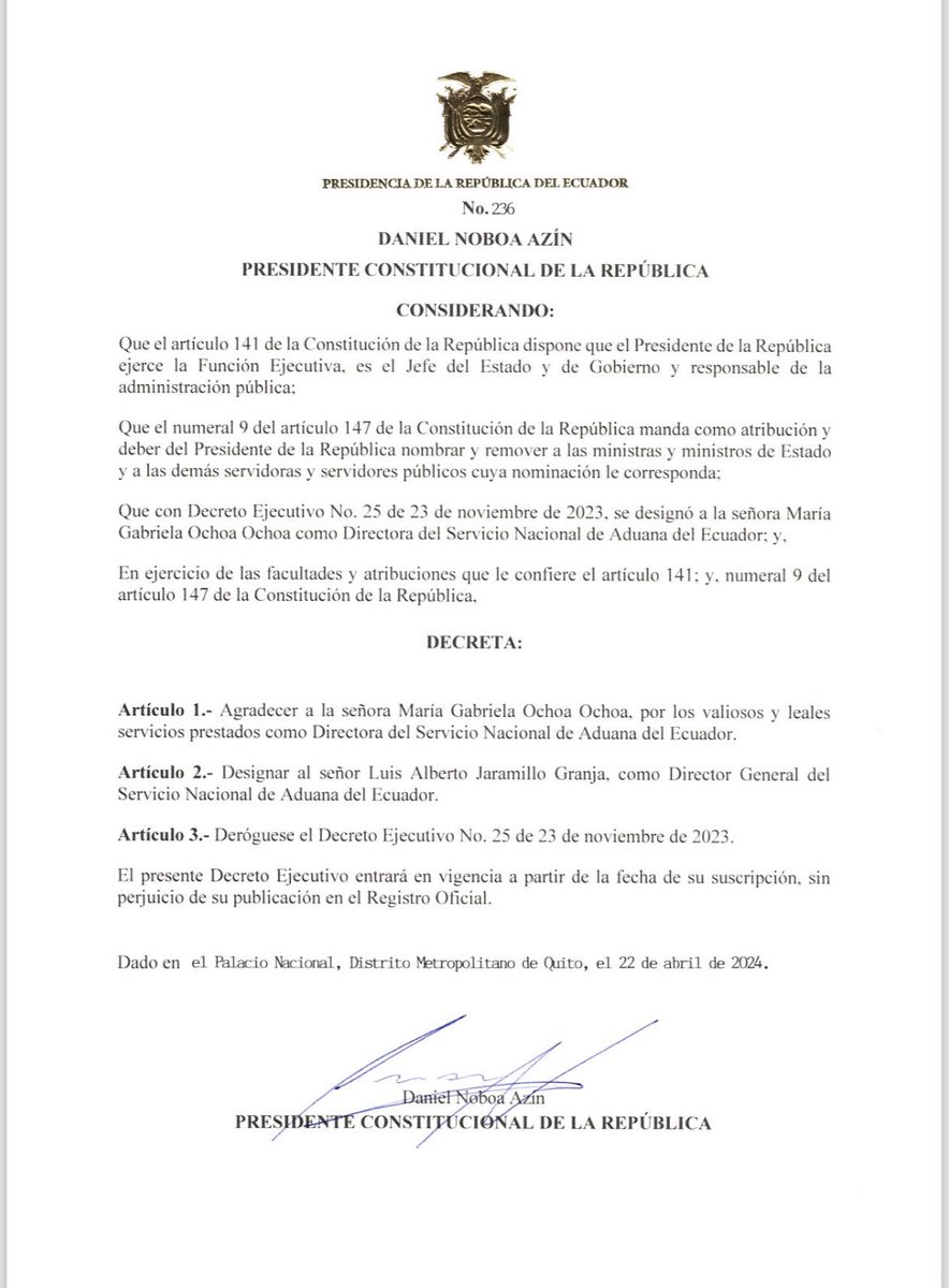 🔵Cambios en gabinete Luis Alberto Jaramillo Granja es el nuevo director de @SENAE_Aduana. Mediante decreto #236, el presidente @DanielNoboaOk lo designó en reemplazo de María Gabriela Ochoa Ochoa.