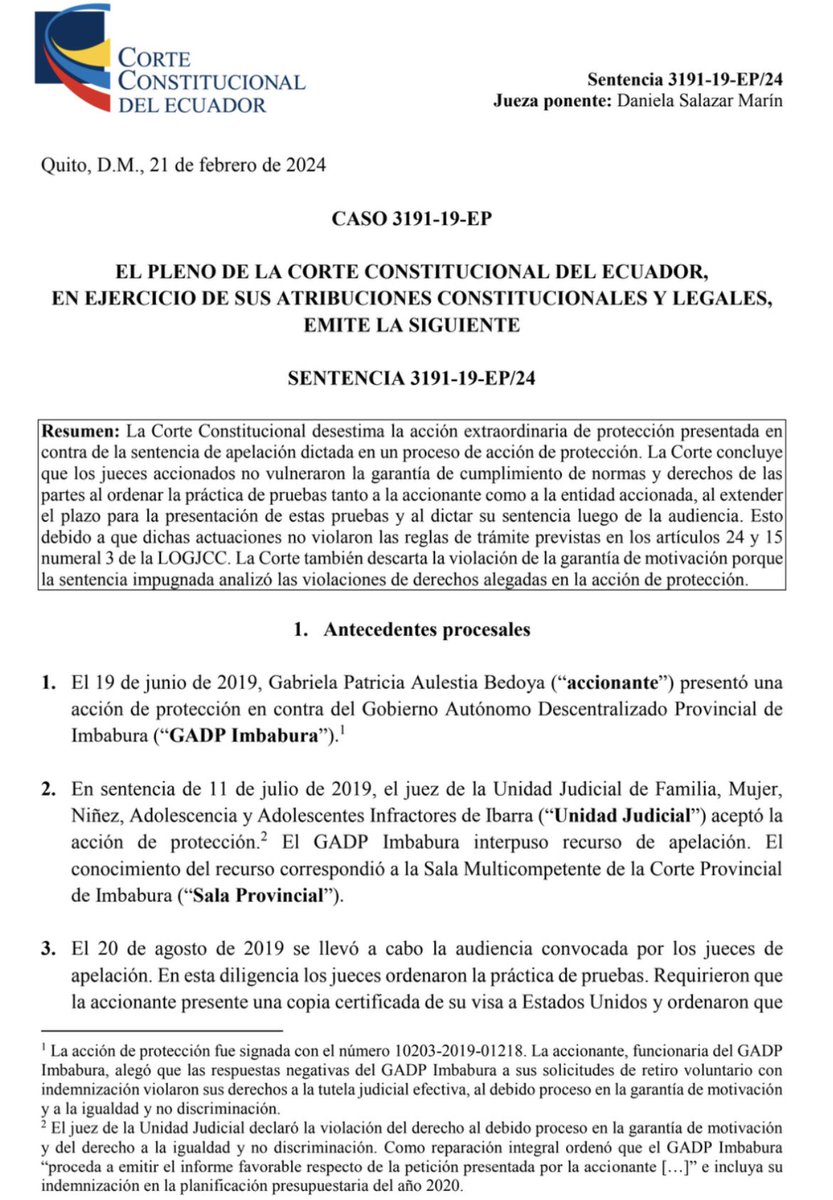 🟠Nuevo caso recomendado: Sentencia No. 3191-19-EP/24

🔸Una funcionaria presentó una acción de protección en contra del GADP de Imbabura. Alegó que las respuestas negativas del GADP a sus solicitudes de retiro voluntario con indemnización, afectaron sus derechos. 

🔸La