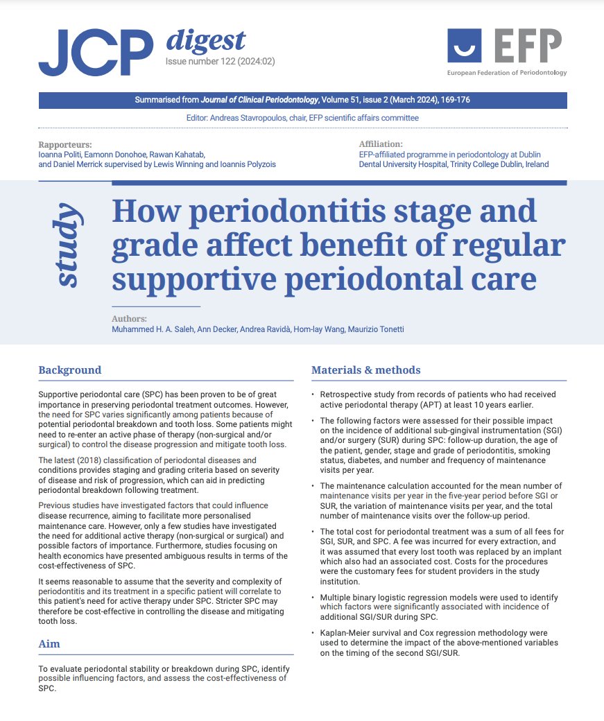 How periodontitis stage and grade affect benefit of regular supportive periodontal care - read JCP Digest 122 in English and find out. #EFPerio #JCPbyEFP #periodontology
bit.ly/3Tyn0rN