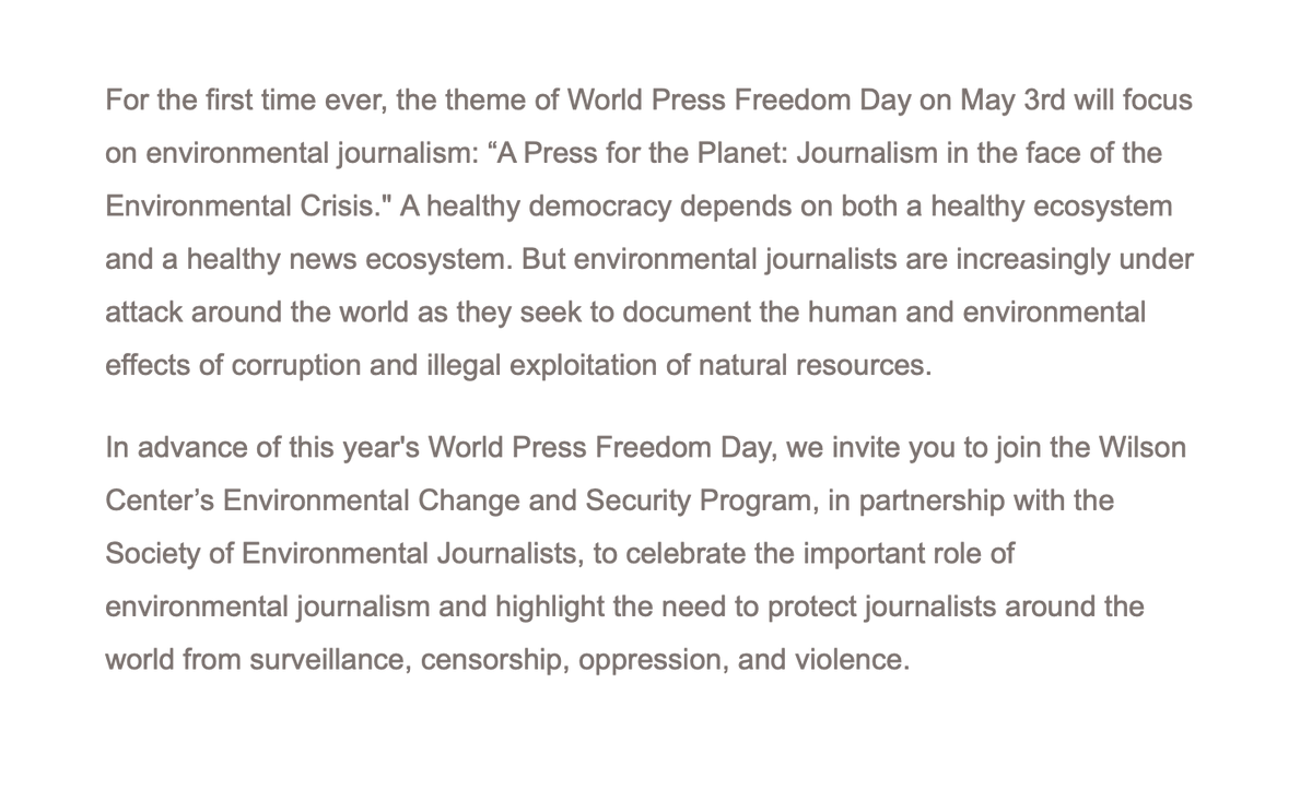 Check out this interesting @TheWilsonCenter event on the links between environmental journalism and democracy on Wednesday, May 1. Register at link, below. engage.wilsoncenter.org/a/environmenta…