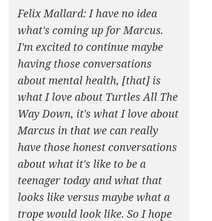 felix talking about wanting to talk more about marcus mental health in season 3, hopefully they will keep that because it was pure art!! #ginnyandgeorgia
