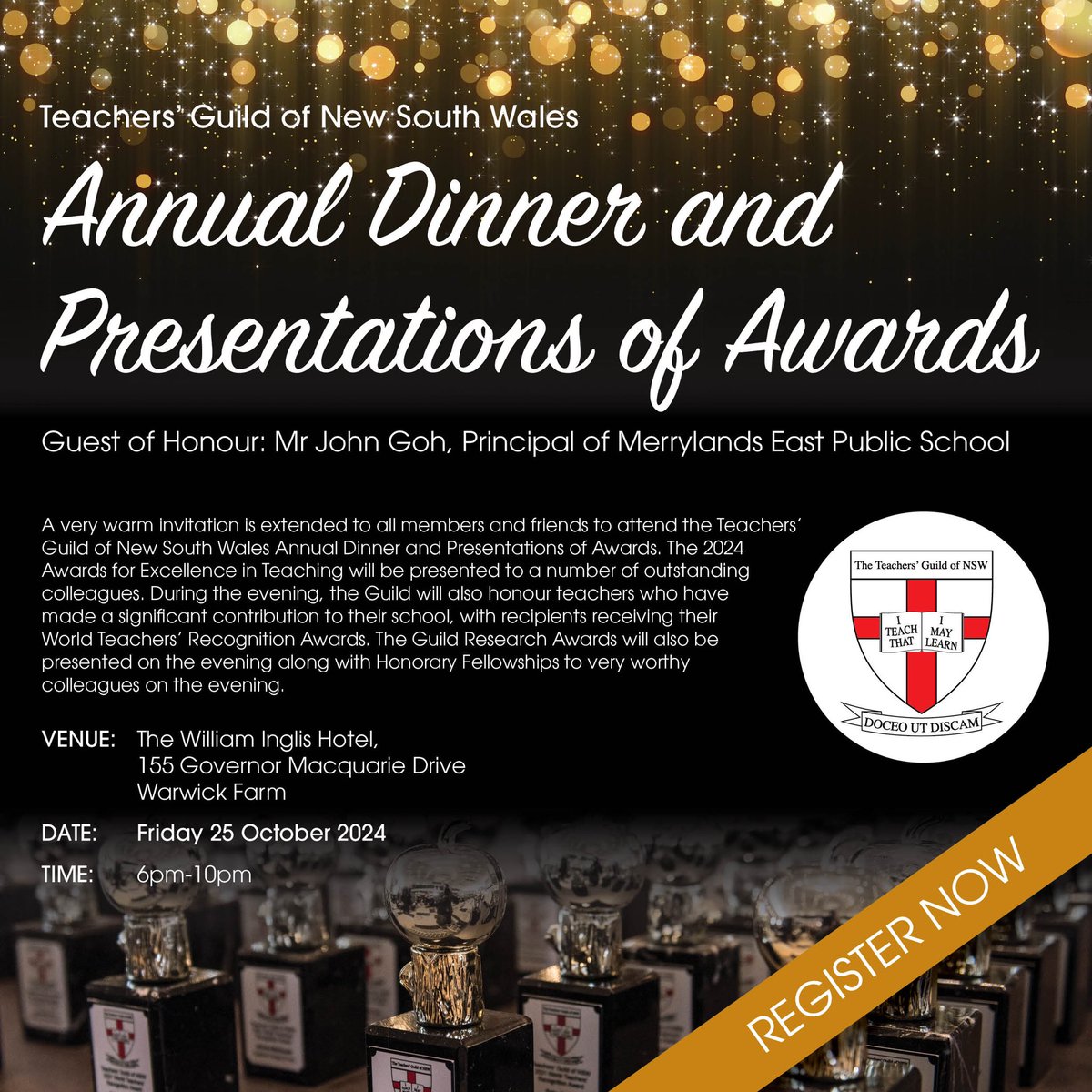 We are looking to a HUGE evening of celebration at the 2024 Teachers’ Guild of New South Wales Annual Dinner and Presentations of Awards at William Inglis Hotel on Friday 25 October @tgnsw @AISNSW @NSWEducation @johnqgoh @SydCathSchools @ANZUK_AUS @pruecar @dizdarm